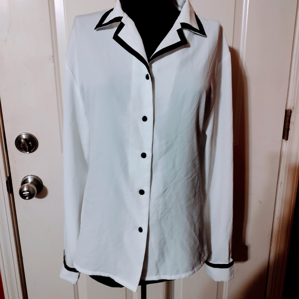 🐇🖤 🐇 Sophisticated Vintage French Cuff Contrast Career Blouse Top - XL - Picture 2 of 16